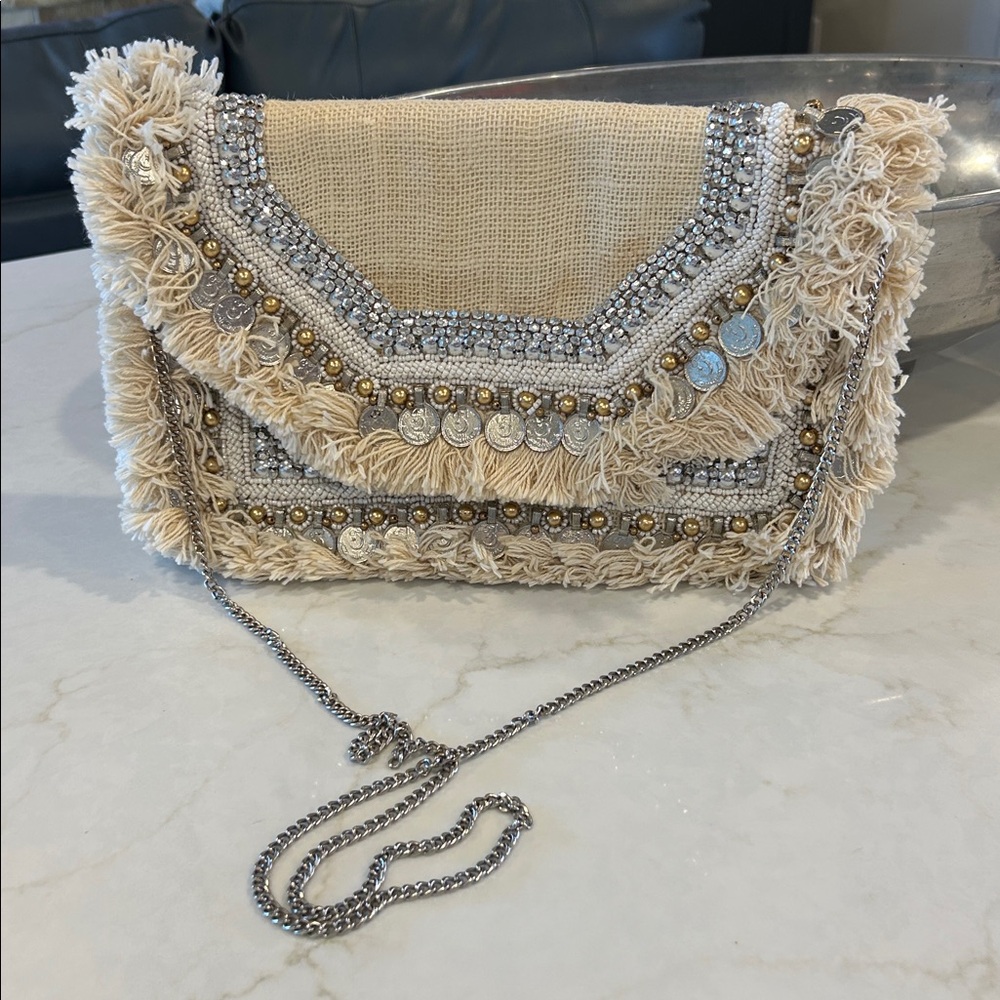 NWOT Lulus‎ Dreamteam Beige Beaded Coin Envelope Clutch/ Crossbody/ Purse